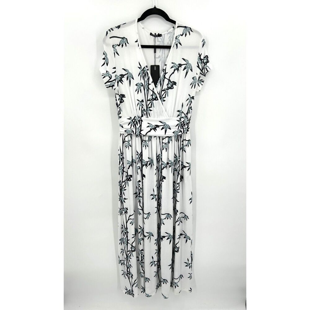 NWT OUGES Black White Blue Floral Print Faux Wrap Stretch Maxi Dress Size Medium